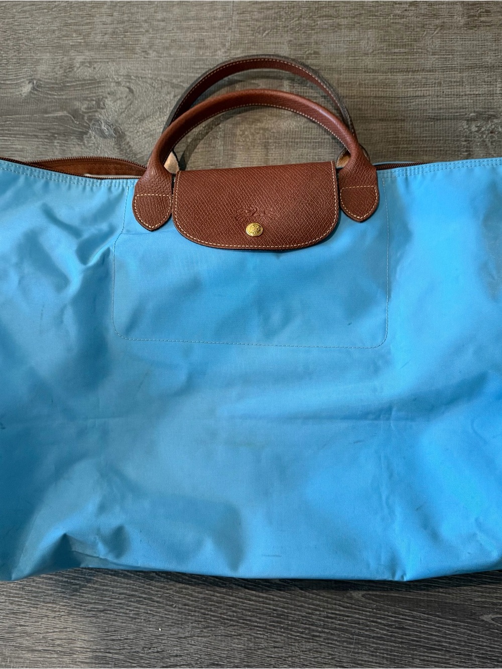 Longchamp Sky Blue Tote with Brown Leather Trim